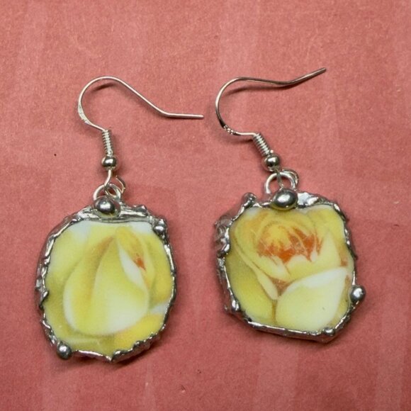 Handcrafted Jewelry - Yellow Rose Bavaria Broken China Earrings - Sterling Silver 925 Artisan Crafted